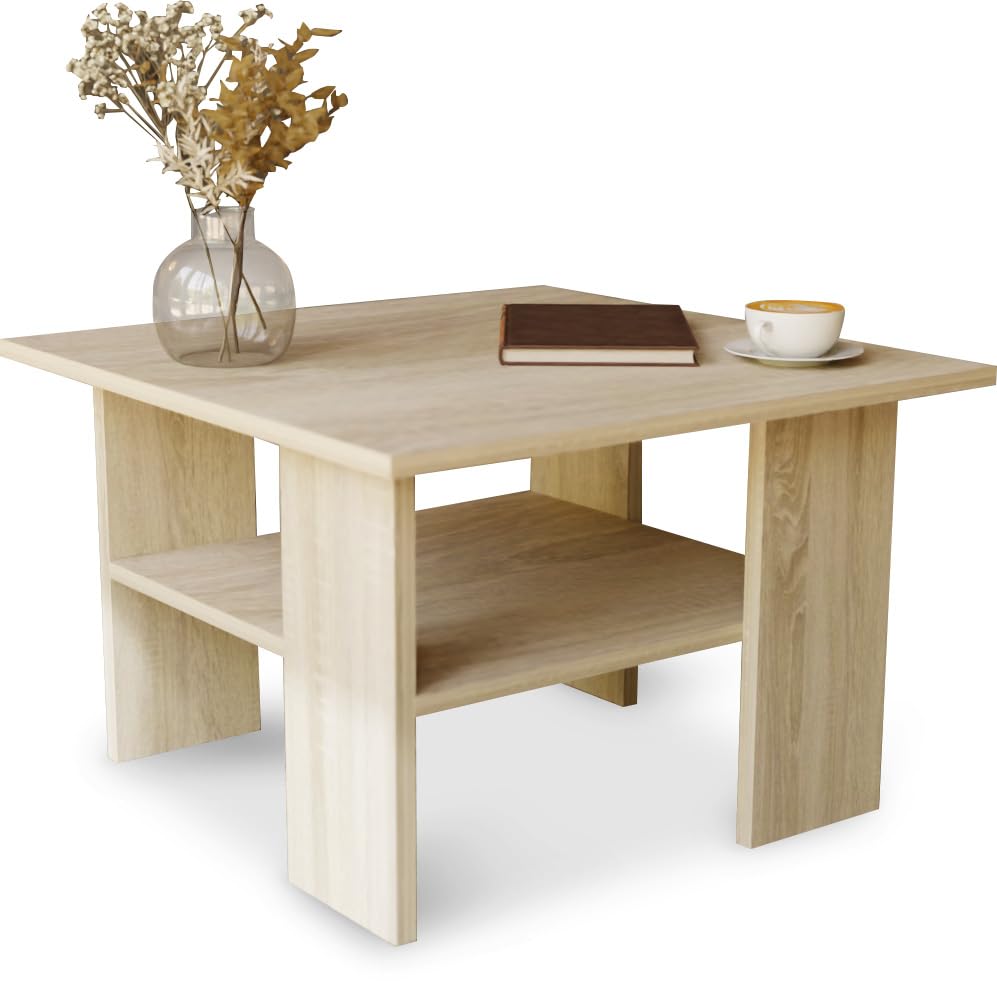 Artisan Coffee Table, Retro Loft Bench, Open Double Shelf, Skate Legs, Ideal for Coffee Get-Togethers, Laminated Top, Large Surface, Guaranteed Stability, White 3