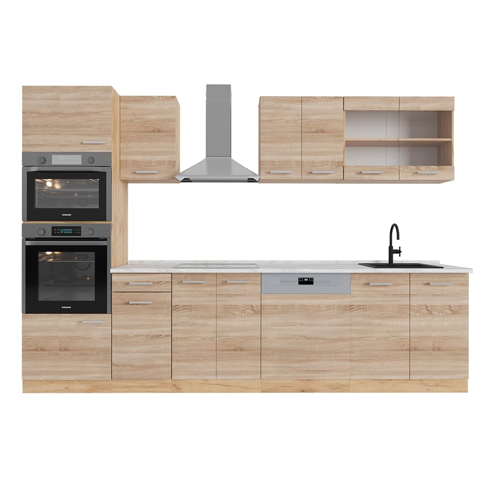 Vicco R-Line Kitchen Unit, High-Gloss Anthracite/Goldkraft Oak, 300 cm with Tall Cabinet, without Worktop