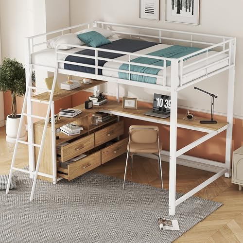 Merax Kinderbett Hochbett 90x200 cm Metallbett mit L-förmigem Schreibtisch, 2 Schubladen und Regal, Bettgestell mit Lattenrost (ohne Matratze) für Kinder/Erwachsene, Schwarz