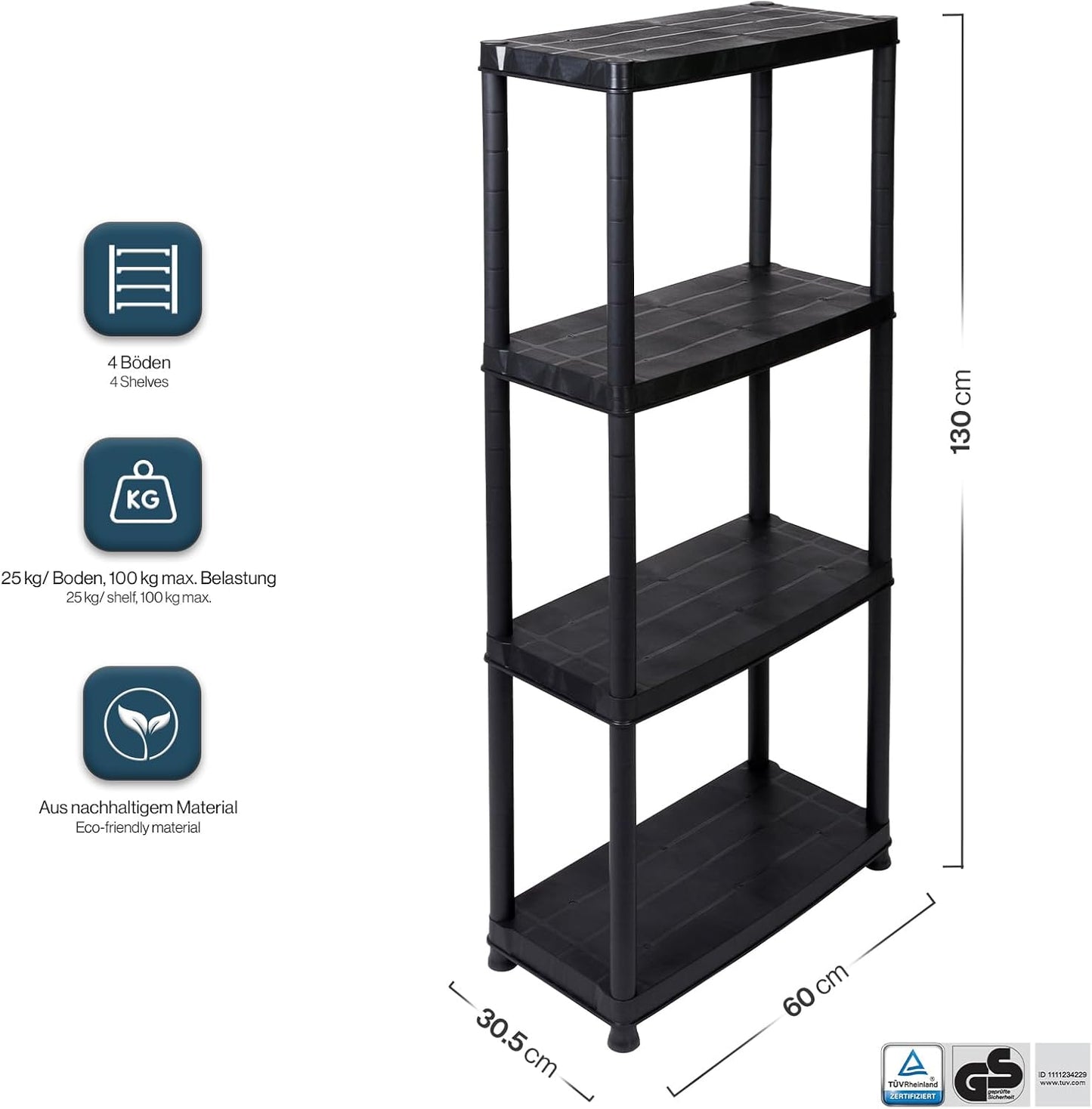 Kreher Economy Set of 2 Plastic Shelves, Household Shelves, Black, 4 Shelves, Max. 100 kg Load per Shelf, 61 x 30.5 x 130 H cm, TÜV Rheinland