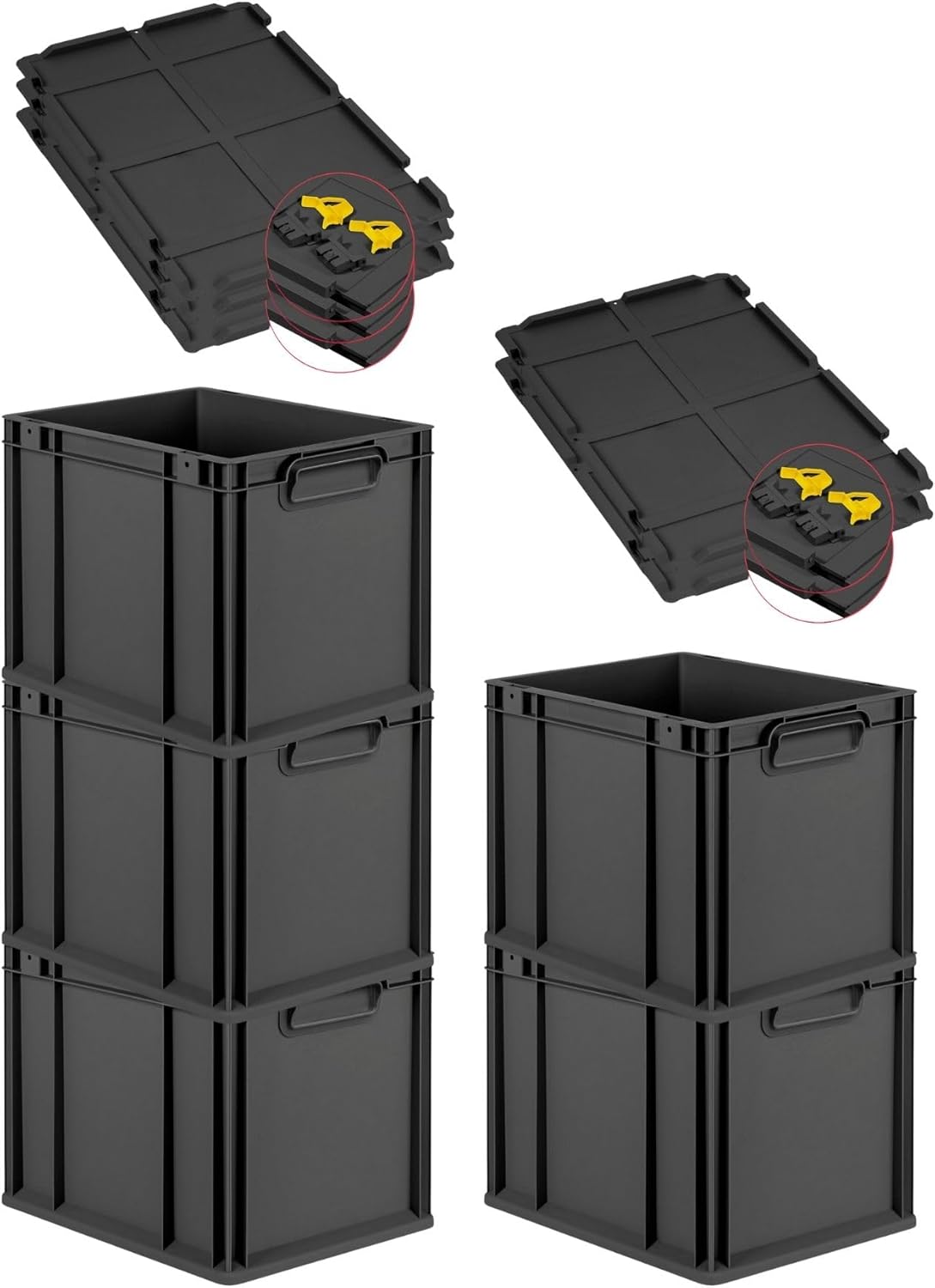 PROREGAL SuperSparSet 3 x Eurobox NextGen Grip with Lid and Yellow Clasps, H x W x D 32 x 40 x 60 cm, 65 Litres, Open Handles, Reinforced Base, Euro Container, Transport Box