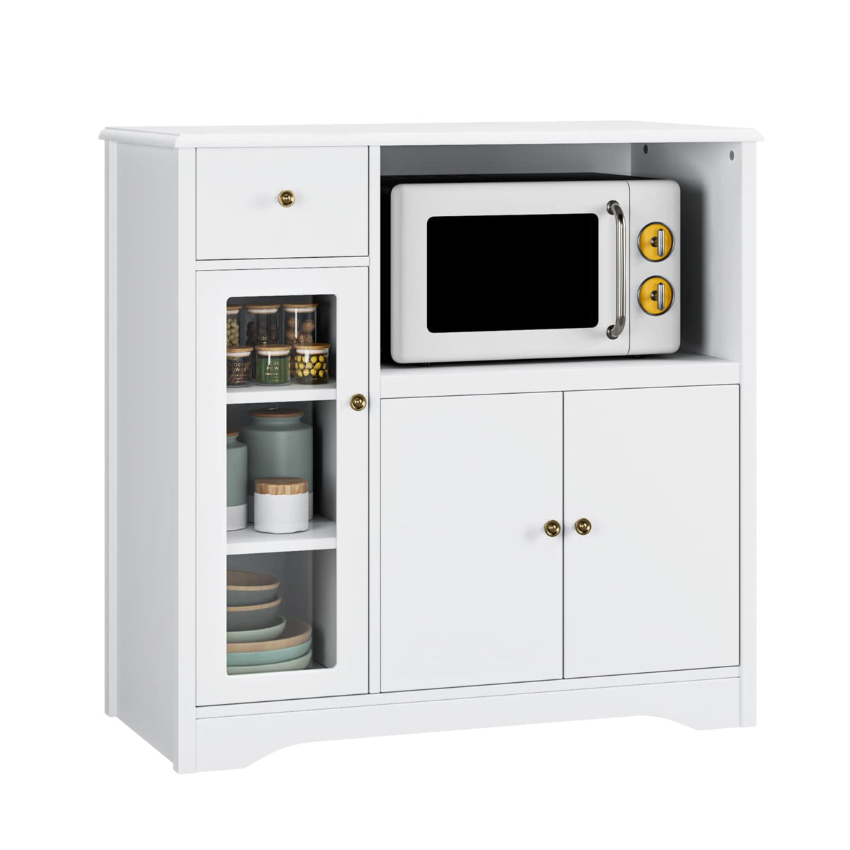 HOCSOK Kitchen Cabinet with Worktop, Sideboard Kitchen with Microwave Shelf, Buffet Cabinet with 1 Drawer, 3 Doors, Adjustable Shelves, for Kitchen, Dining Room, Living Room, White