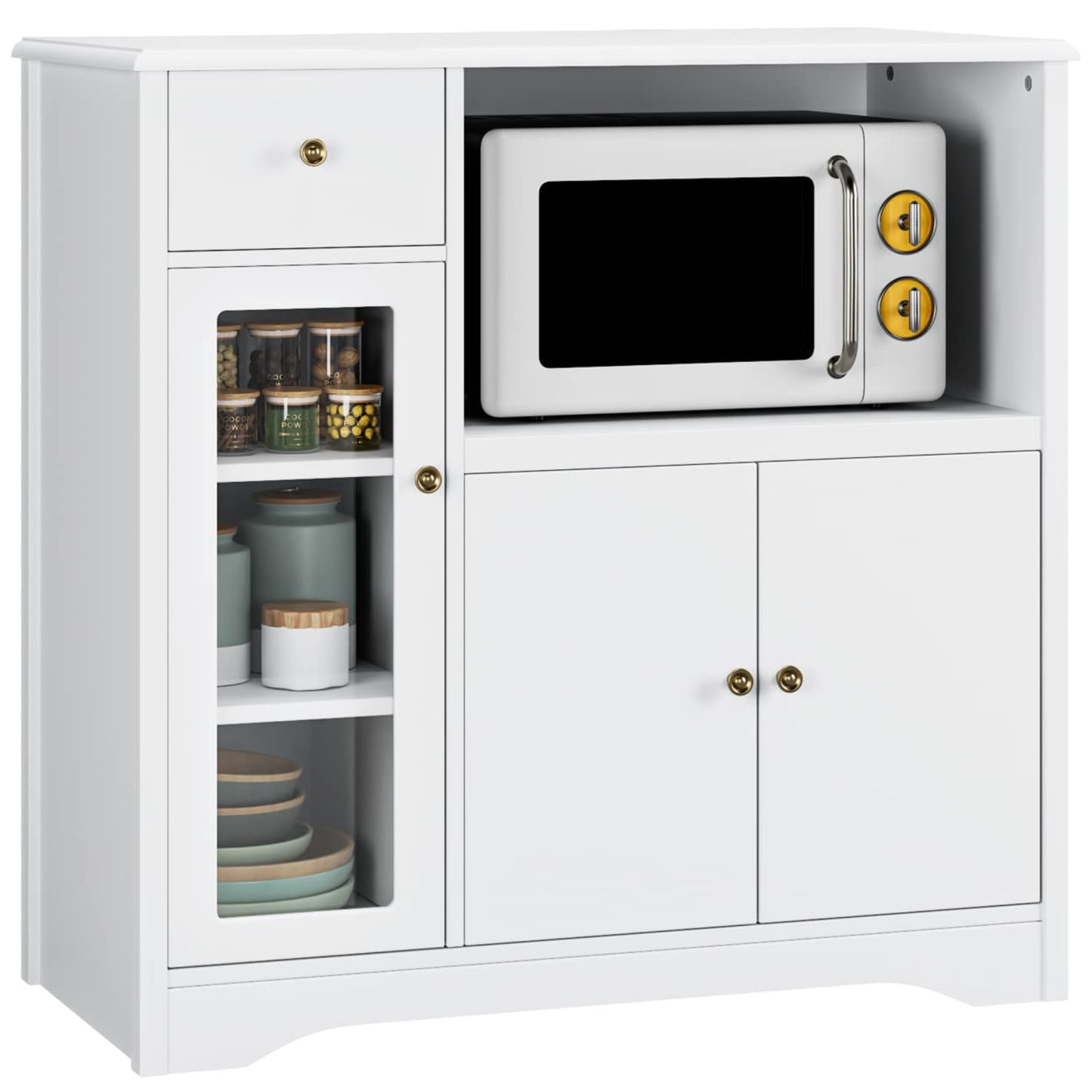 HOCSOK Kitchen Cabinet with Worktop, Sideboard Kitchen with Microwave Shelf, Buffet Cabinet with 1 Drawer, 3 Doors, Adjustable Shelves, for Kitchen, Dining Room, Living Room, Black