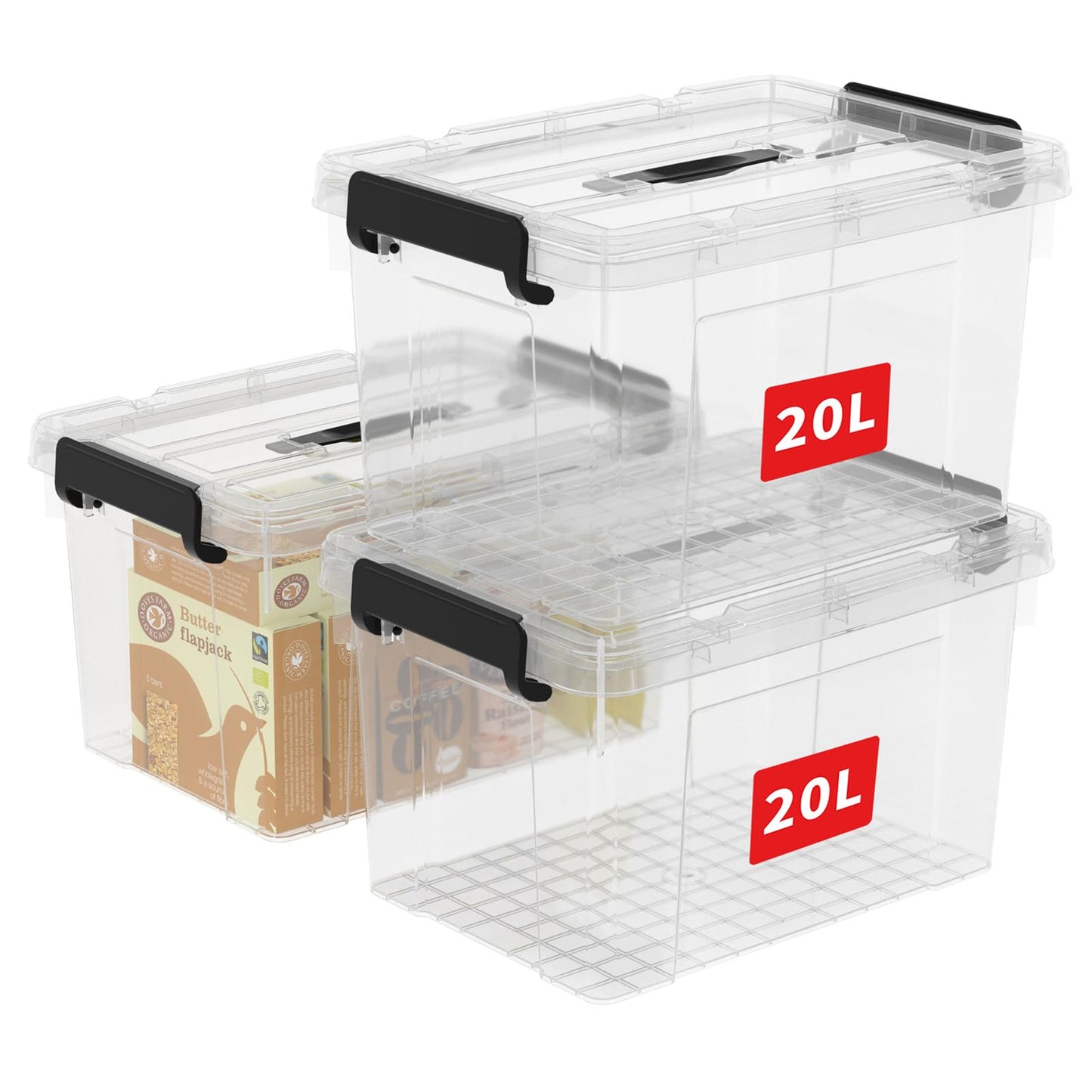 Cetomo 45 L x 3 Storage Boxes, Portable Plastic Boxes with Lids, Organiser Container with Handle and Clips, Stackable, Nestable, for Home and Office, Transparent, 45 L, Pack of 3