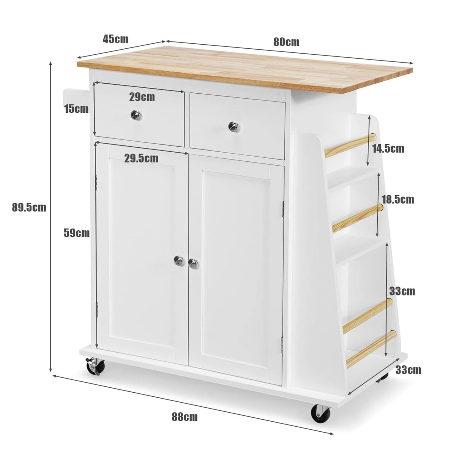 GOPLUS Kitchen Island with Wheels, Serving Trolley with 2 Drawers, 3-Tier Spice Rack, Towel Holder Cabinet, Rubber Wood Worktop & Lockable Wheels for Dining Room, Kitchens (Black)