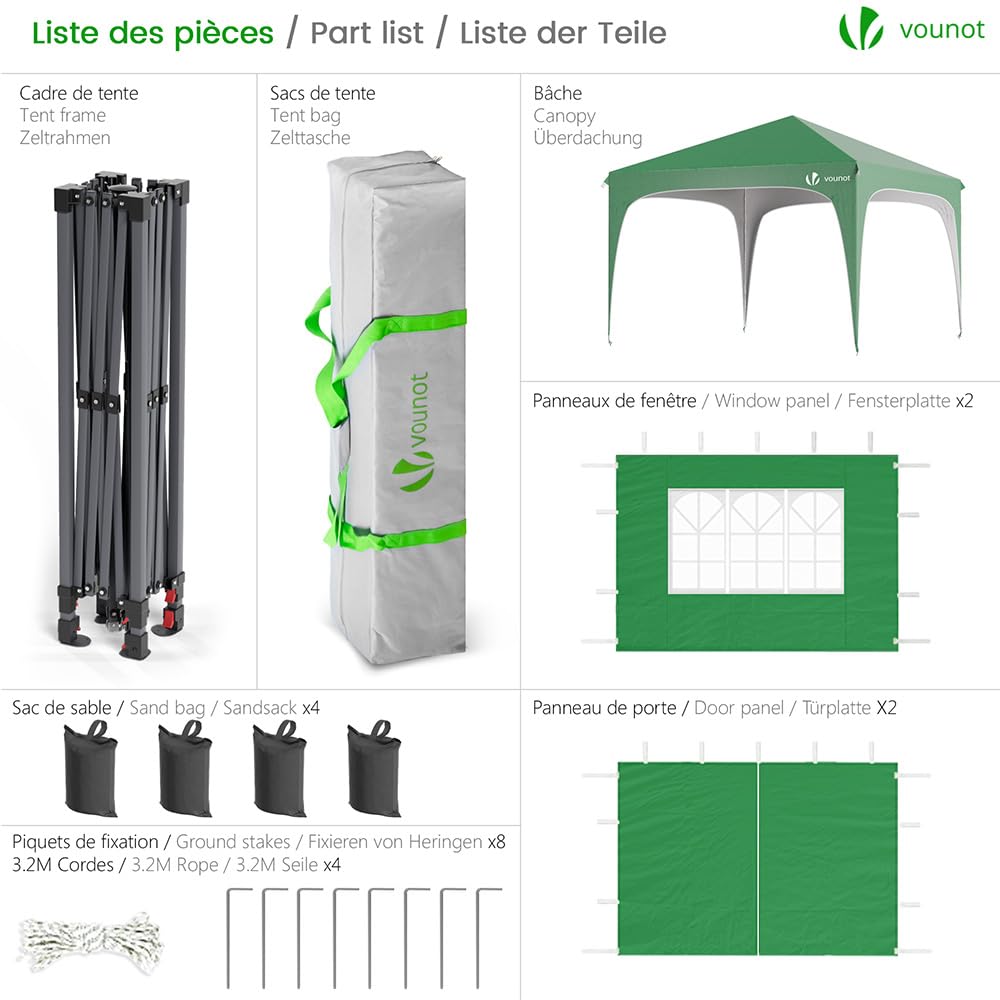VOUNOT® Gazebo 3 x 3 m with 4 Side Panels and 4 Sand Bags, Pop Up Folding Gazebo, Waterproof, Foldable Garden Tent, Party Tent, Includes Bag, Grey