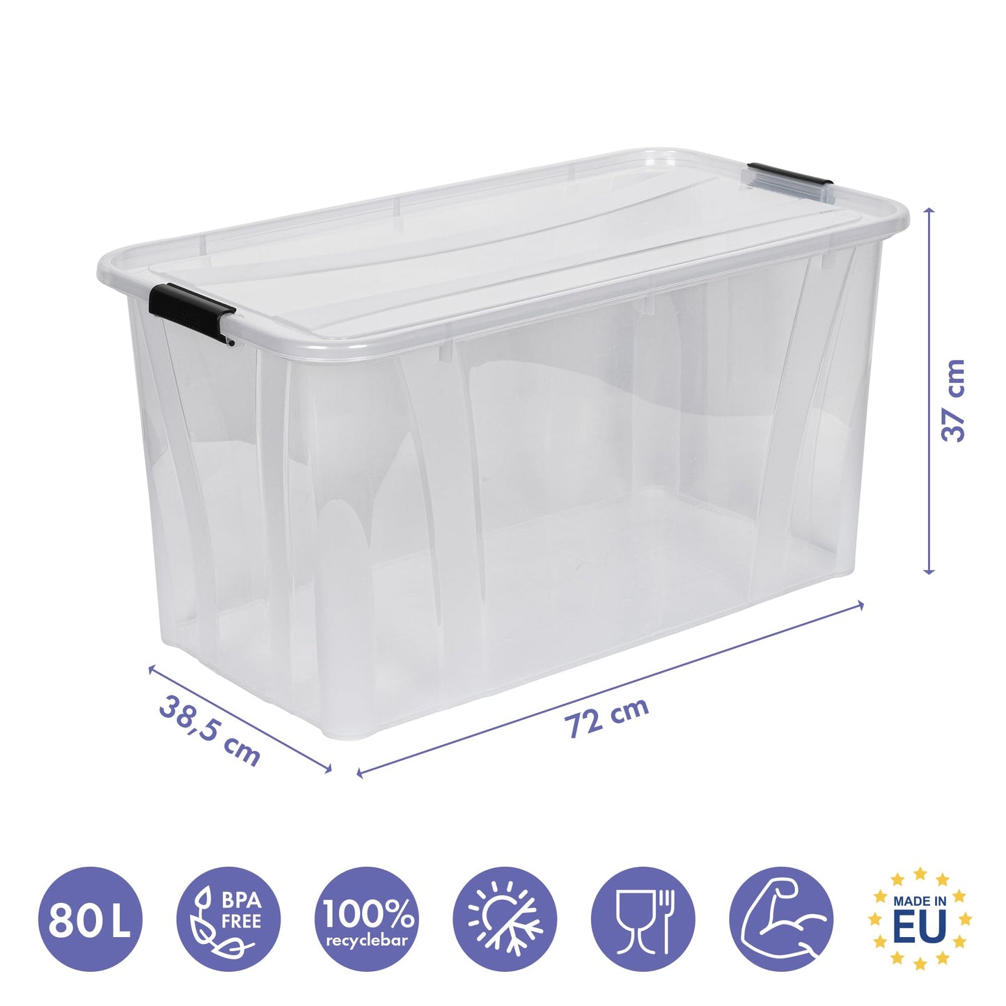 Kreher Master Storage Boxes with Lid in Transparent Design Various Sizes (Selectable) Made of Durable Plastic (80 Litres)