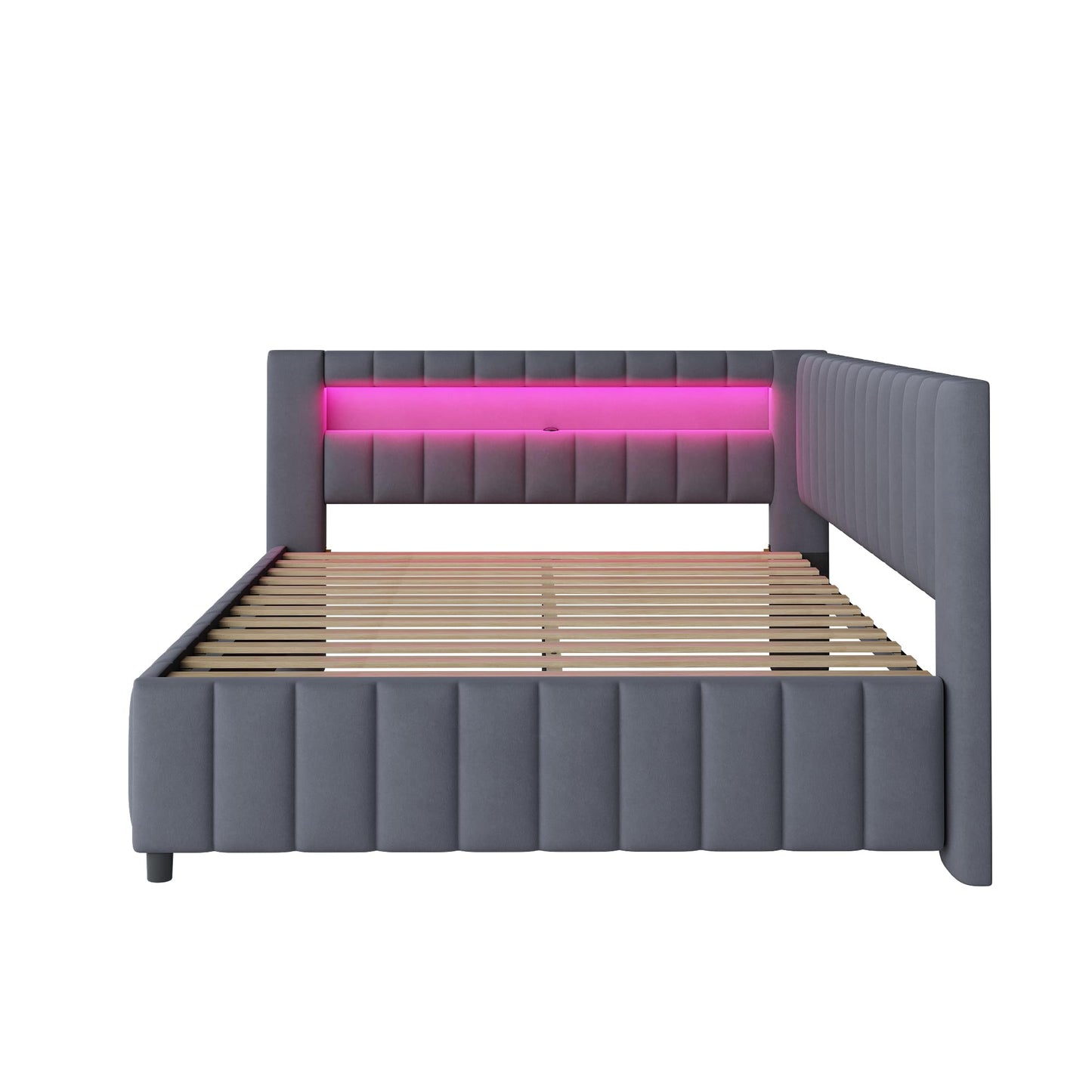 KEYIDE Upholstered Sofa Bed, 140 x 200 cm with LED Lighting and USB Charging, Bed Frame with Wooden Slatted Frame, Day Bed, Guest Bed, Youth Bed, Velvet Fabric, Without Mattress (Grey, 140 x 200)