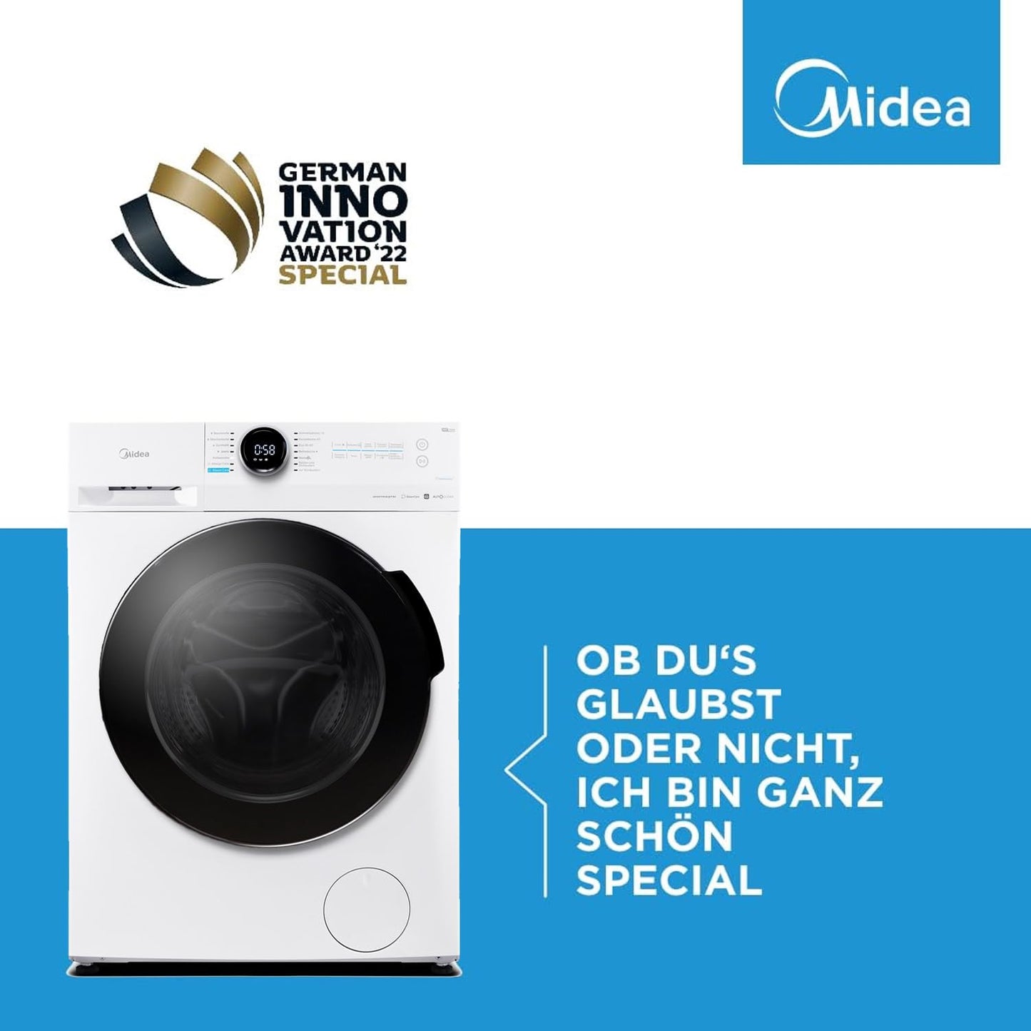 Midea MF200W80WB-14AS Washing Machine, 8 kg, Energy Efficiency Class A, Automatic Volume, Steam Care, Refill Function, 1400 rpm, Time Saving, Turbo, Only 48 cm Deep, App Control, AquaStop, White