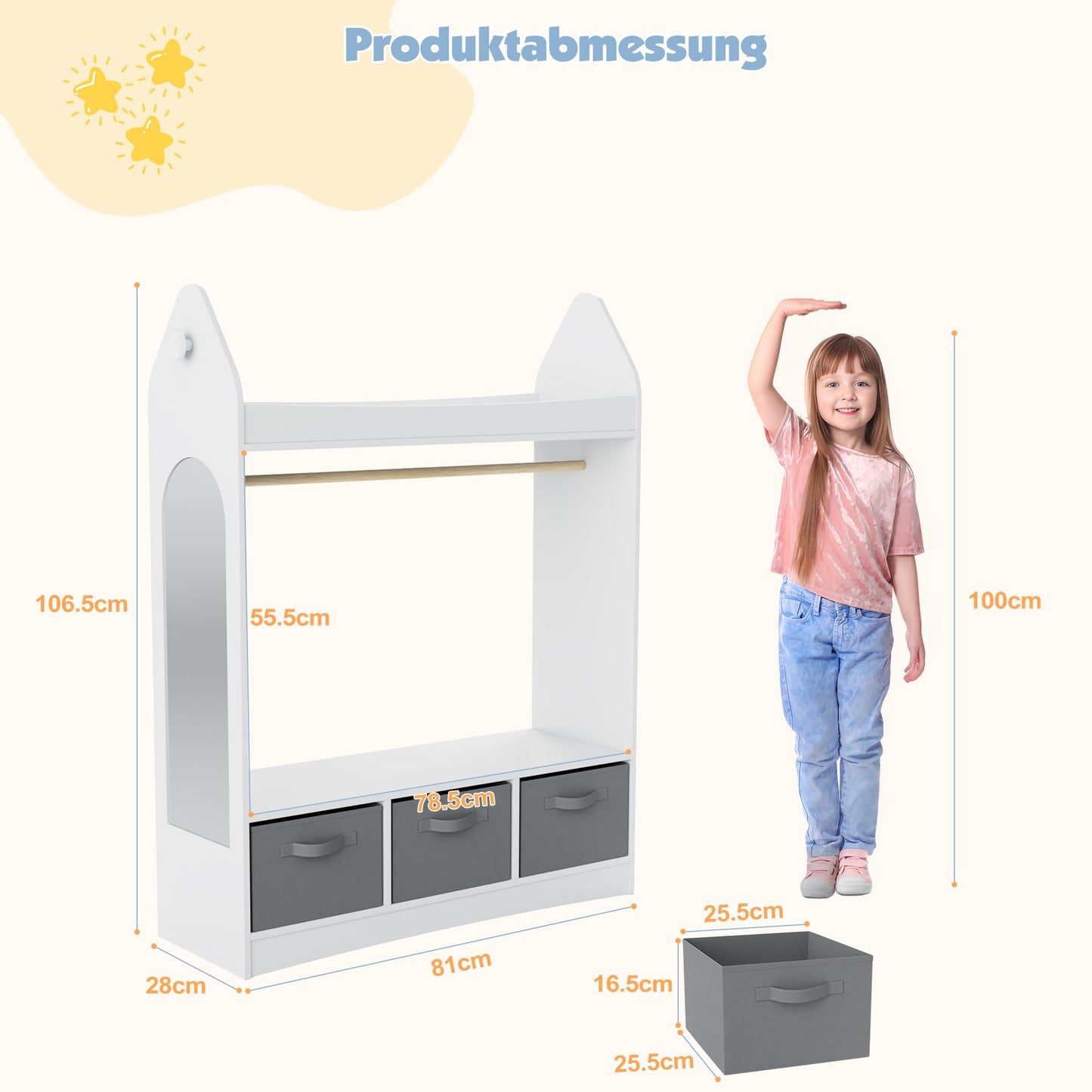 Children's Clothes Rack with Mirror, Clothes Rail with Shelves, Children's Wardrobe Wood, Children's Shelf for Children's Room, 81 x 28 x 106.5 cm (Clouds with 2 Drawers, White)