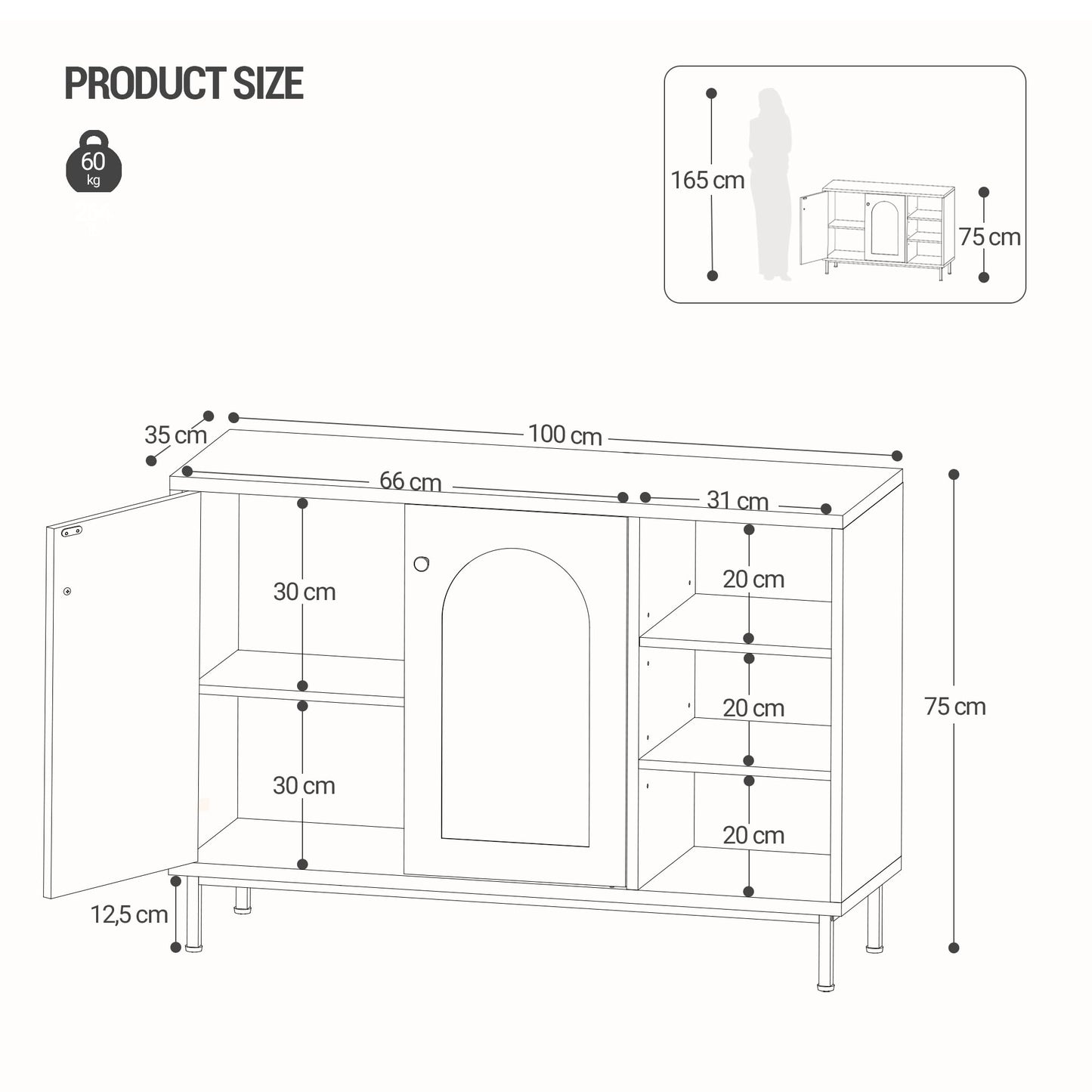 Hzuaneri SC10203G Bathroom Cabinet, Kitchen Cabinet with 2 Doors, Side Cabinet, Sideboard with Open Compartment, Chest of Drawers, Adjustable Shelf, Bathroom, 35 x 100 x 75 cm, White Gold