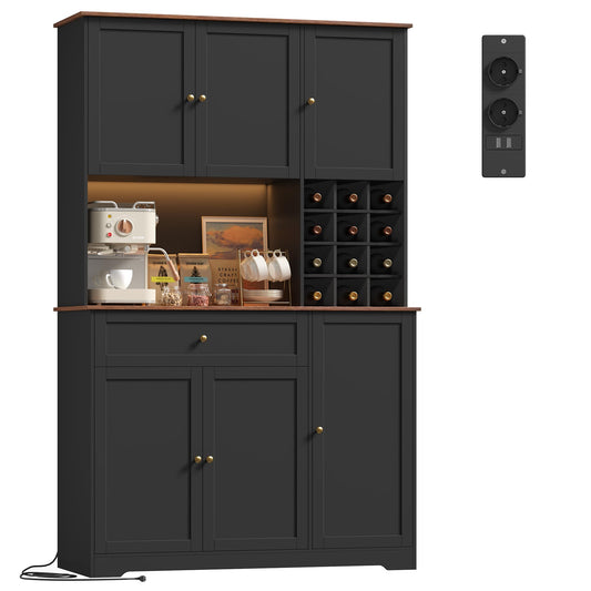 FirFurd Kitchen Cabinet 180 cm Buffet Cabinet with LED Sideboard for Kitchen with Power Strip Kitchen Cabinet with Worktop and Wine Rack for 12 Bottles Kitchen Buffet Kitchen Furniture 180 x 100 x 39