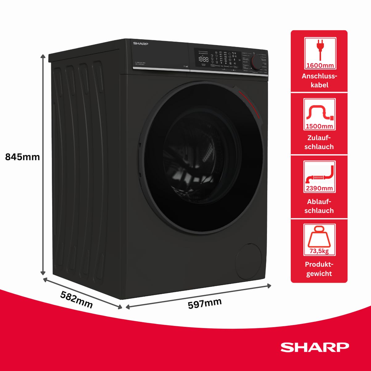 Sharp ES-WNFL914CMDA-DE Washing Machine, 9 kg, 1400 rpm, Energy Efficiency Class A (-20%), Inverter Motor, AquaStop, AquaGuard, WiFi, LED Touch, Steam Function, Black