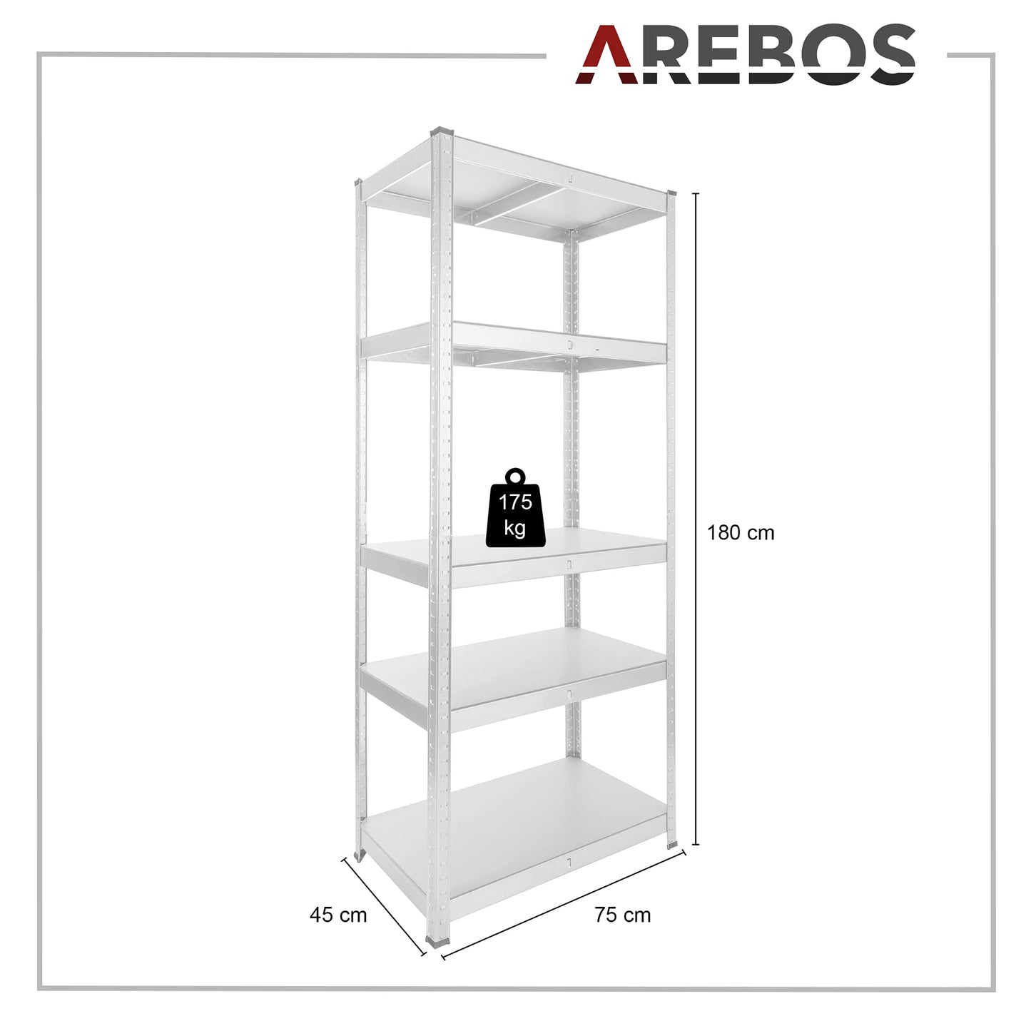 Arebos Heavy Duty Shelving Set of 2 | 180 x 75 x 45 cm | 875 kg Load Capacity | 5 MDF Panels | Easy to Assemble with Plug-In System Shelving Unit Storage Shelving Cellar Shelving Workshop Shelving