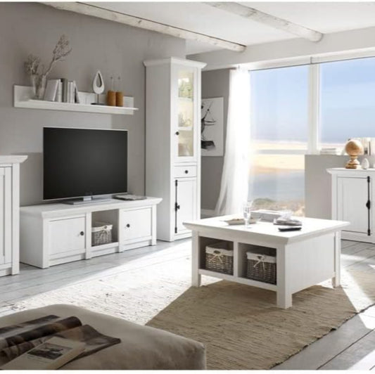 Lomadox Landhaus-Stil Wohnwand inkl. Sideboard & Couchtisch in Pinie weiß Nb.B/H/T ca. 340/207/45 cm