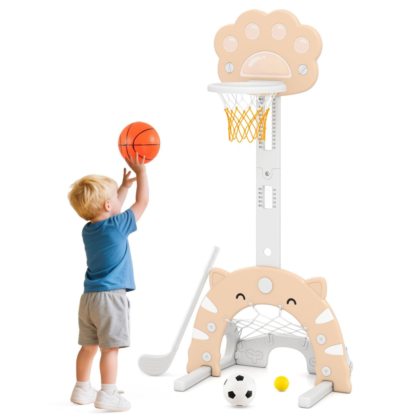 COSTWAY 3-in-1 Children's Basketball Hoop, Basketball Stand with Basketball & Football & Golf Game, Indoor Outdoor Basketball Game with Adjustable Height & Foldable Basket, for Children from 3 Years