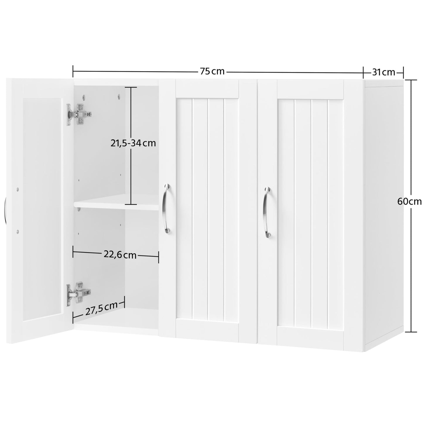 Yaheetech Bathroom Cabinet Wall Cabinet with 3 Doors Bathroom Cabinet Wall Shelf Kitchen Cabinet with Height-Adjustable Shelf for Bathroom Kitchen Laundry Room 75 x 31 x 60 cm