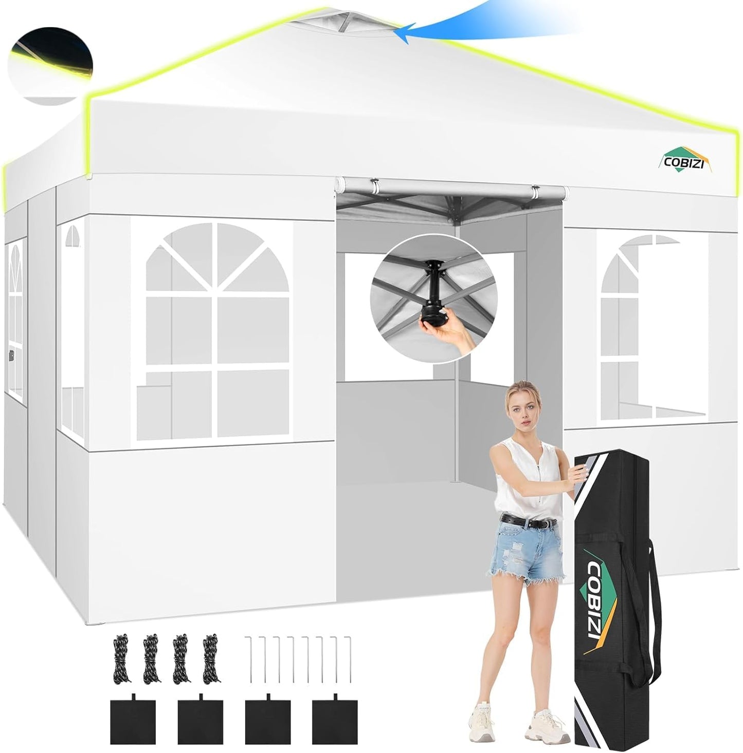 COBIZI Faltpavillon 3x6 Pavillon wasserdicht Winterfest, Ein-Tasten-Zentralverriegelung Partyzelt Faltbar Anti-UV mit 6 Seitenwänden, Gartenpavillon mit Leuchtstreifen für Hochzeiten, Freien, Garten