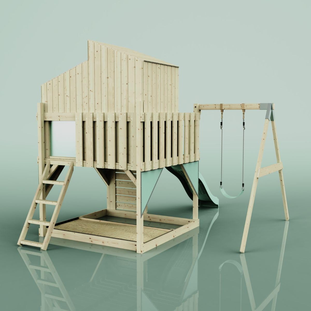 Rebo Spielturm mit Spielhaus inkl. Wellenrutsche und Kinder-Schaukel | Outdoor Klettergerüst Garten | Kletterwand und Kletterleiter | Stabile Konstruktion, Weiches Gefühl in den Seilen