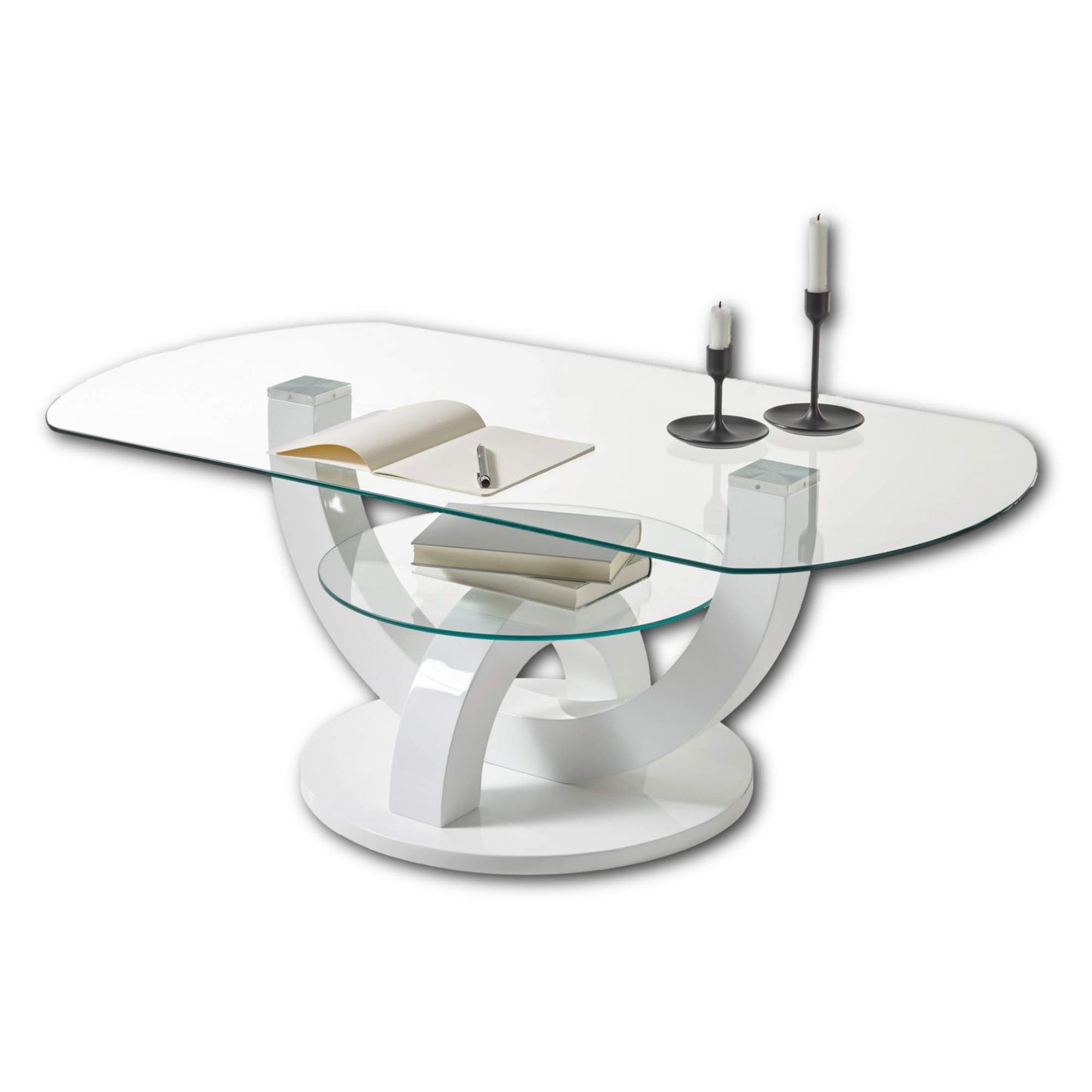 Stella Trading Glass Coffee Table in High Gloss White - Stylish Glass Table with Shelf and Curved Frame in U-Shaped for Your Living Area - 110 x 40 x 60 cm (W x H x D)