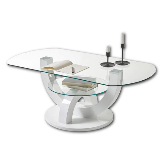 Stella Trading Glass Coffee Table in High Gloss White - Stylish Glass Table with Shelf and Curved Frame in U-Shaped for Your Living Area - 110 x 40 x 60 cm (W x H x D)