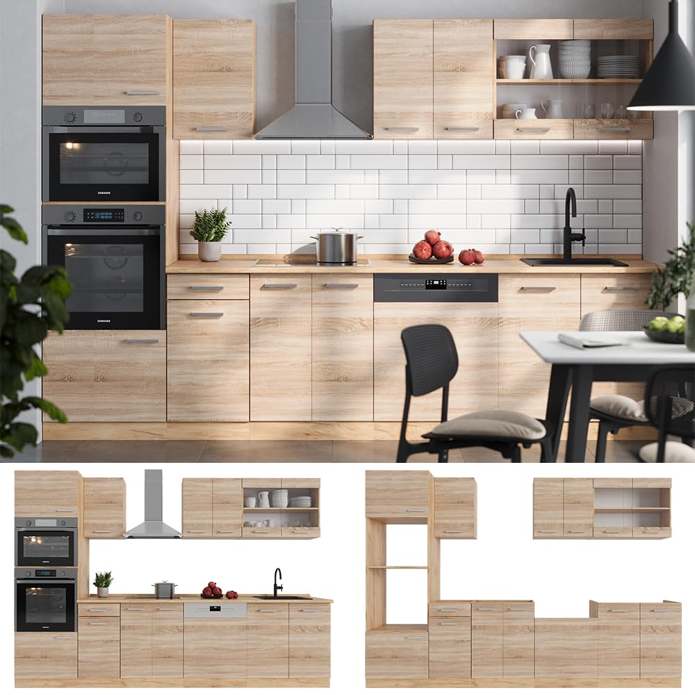 Vicco R-Line Kitchen Unit, High-Gloss Anthracite/Goldkraft Oak, 300 cm with Tall Cabinet, without Worktop