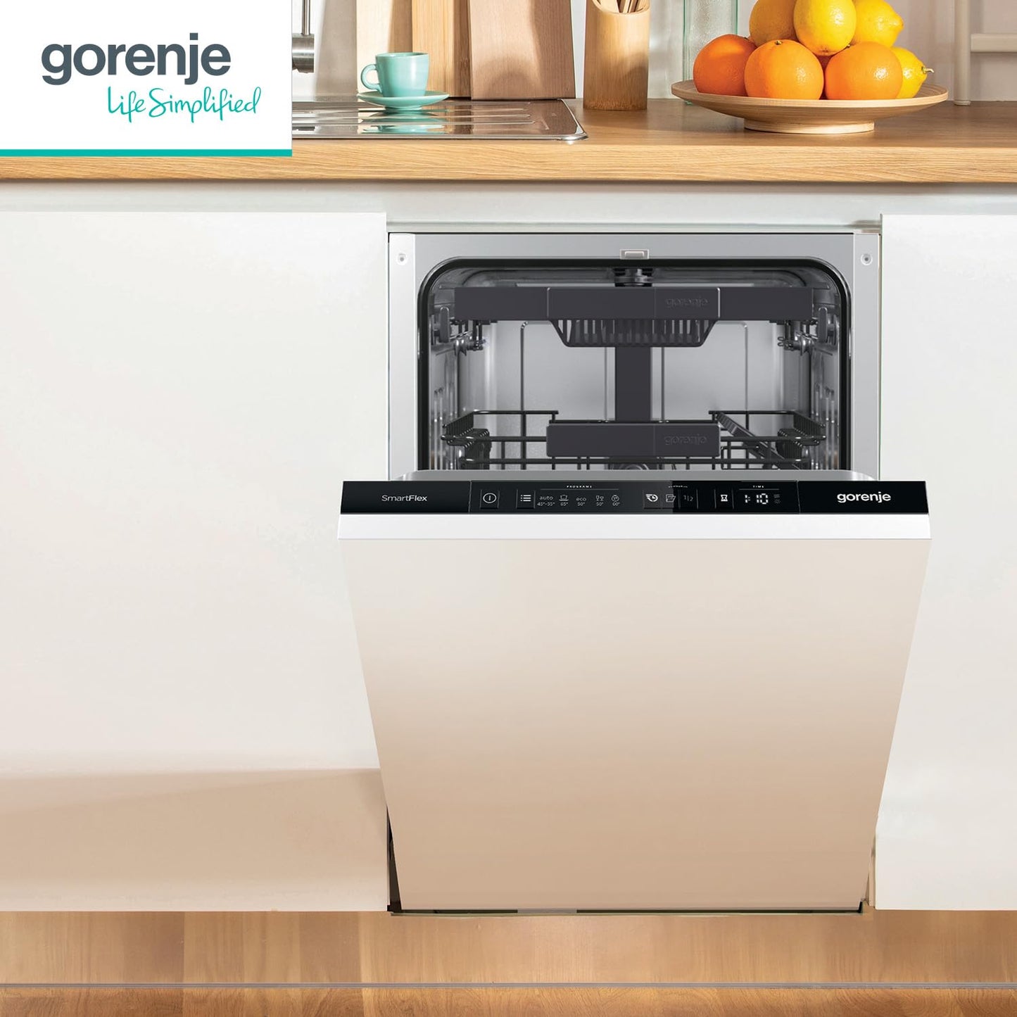 Gorenje GV 520 E10 Fully Integrated Dishwasher, 45 cm, 11 Place Settings, 3 Baskets, 5 Programmes, Height-Adjustable Top Basket, Complete Overflow Protection