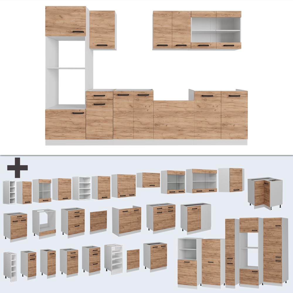 Vicco R-Line Kitchen Unit, High-Gloss Anthracite/White, 300 cm with Tall Cabinet, without Worktop