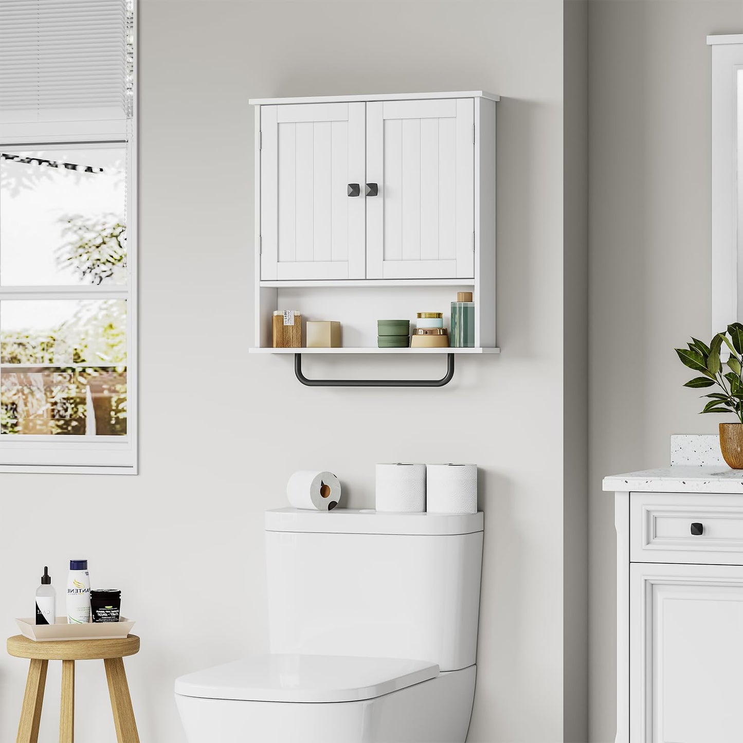 RRX Bathroom Cabinet, Wall Cabinet with Towel Rail, 56 x 13 x 65 cm, Storage Cabinet Over the Toilet with 2 Doors and Adjustable Shelf, White Wall Cabinet for Bathroom, Laundry Room (White)