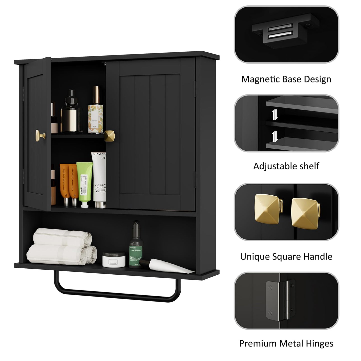 RRX Bathroom Cabinet, Wall Cabinet with Towel Rail, 56 x 13 x 65 cm, Storage Cabinet Over the Toilet with 2 Doors and Adjustable Shelf, White Wall Cabinet for Bathroom, Laundry Room (White)