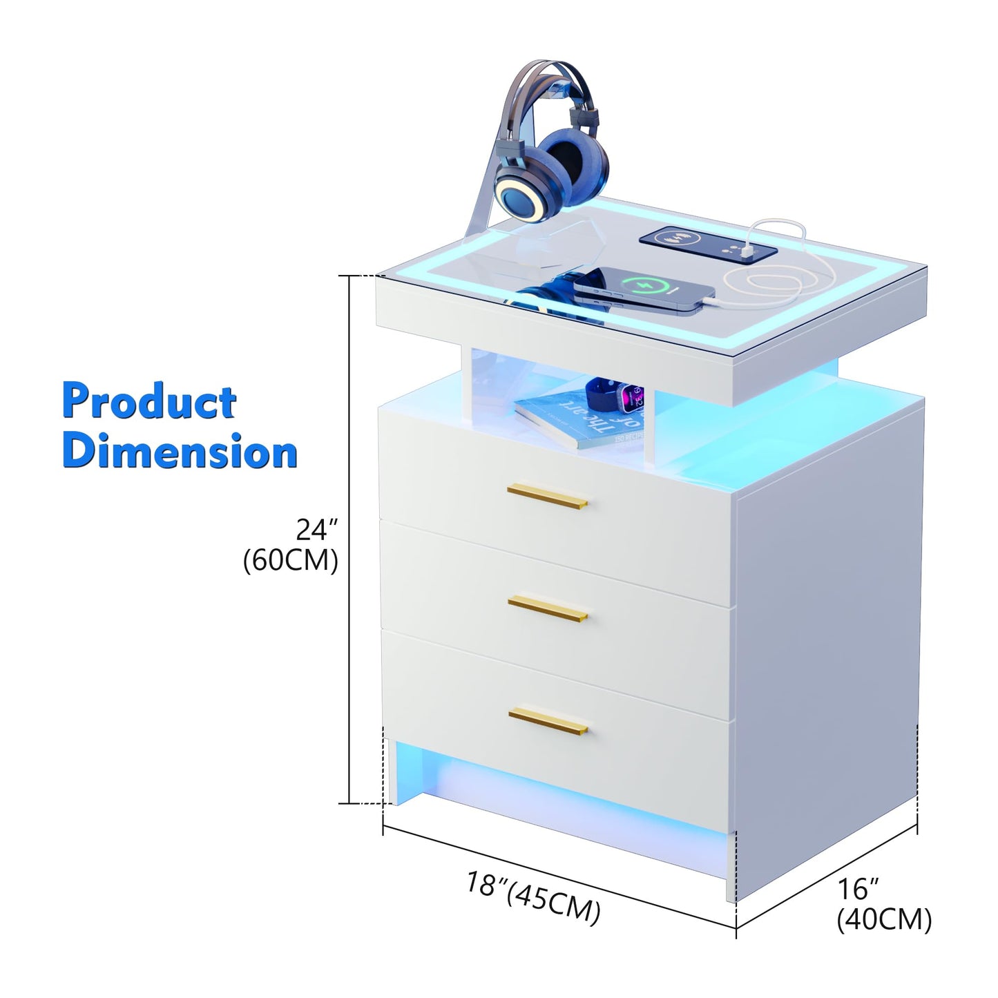 Lvifur LED Bedside Table with Charging Function, Smart Bedside Cabinet with 3 Lights, Dimmable, High Gloss Sideboard with 3 Drawers, USB Type-C Automatic Sensor, Bedroom, White