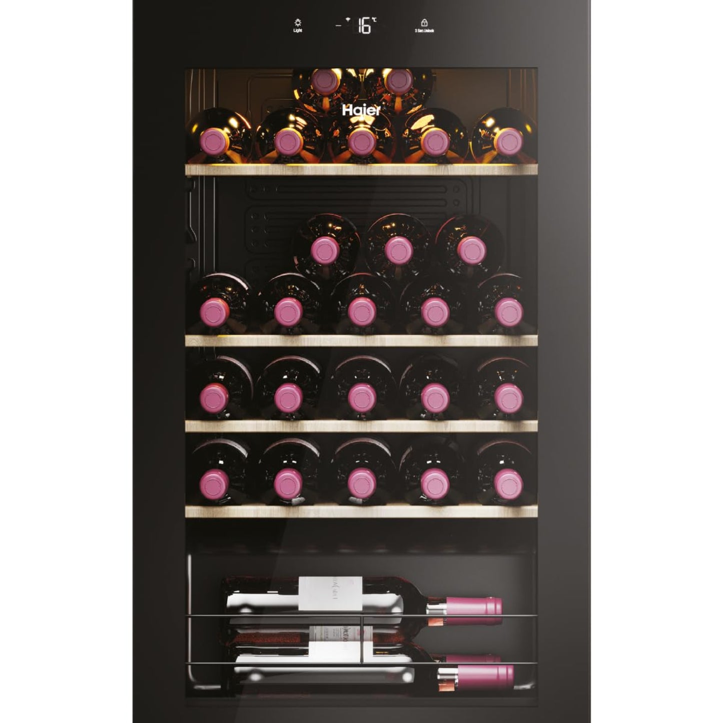 Haier Wine Fridge 50 Series 3 HWS34GGH1 I Wine Climate Cabinet for 34 Bottles I Modern Wine Fridge with UV Glass Door & 5 Wooden Shelves I Wine Cooler with Wi-Fi & Touch Display I Low Vibration