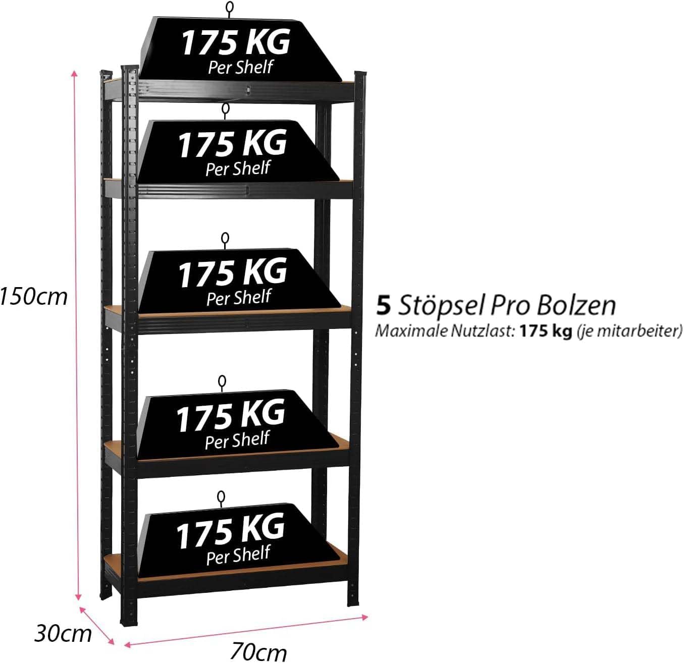 SIGNZWORLD Premium Heavy Duty Shelving Unit 150 x 70 x 30 cm, Mounting Material 875 kg Load Capacity, 5 Adjustable Sturdy Shelving MDF Panels for Storage Shelving Basement Shelving Garage Cellar Room