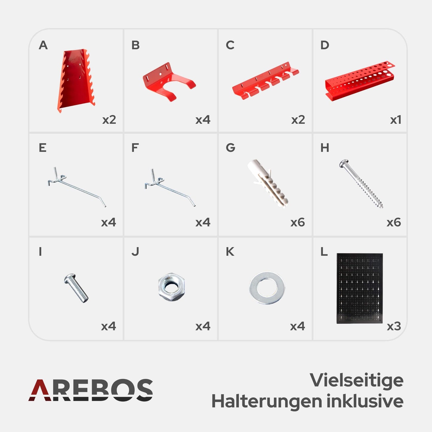 Arebos Tool Wall 3 Panels, 17- Piece Hook Set, 120 x 60 x 2 cm