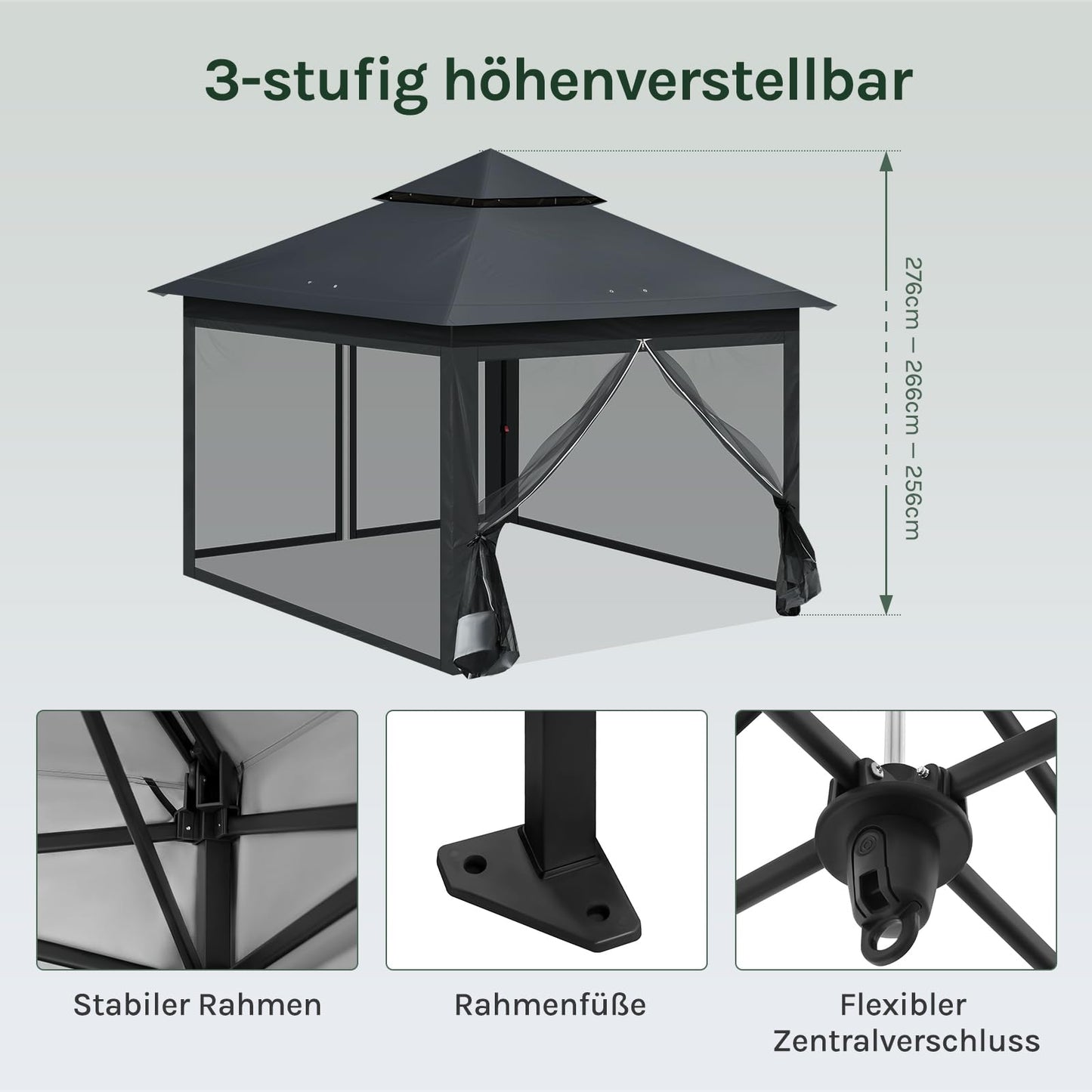WOLTU Pavillon 3x3 m, Faltpavillon mit Moskitonetz, Partyzelt wasserdicht stabil, höhenverstellbares Partyzelt UV-Schutz, Gartenpavillon mit 4 Seitenteilen, Festzelt mit Tragtasche, Anthrazit
