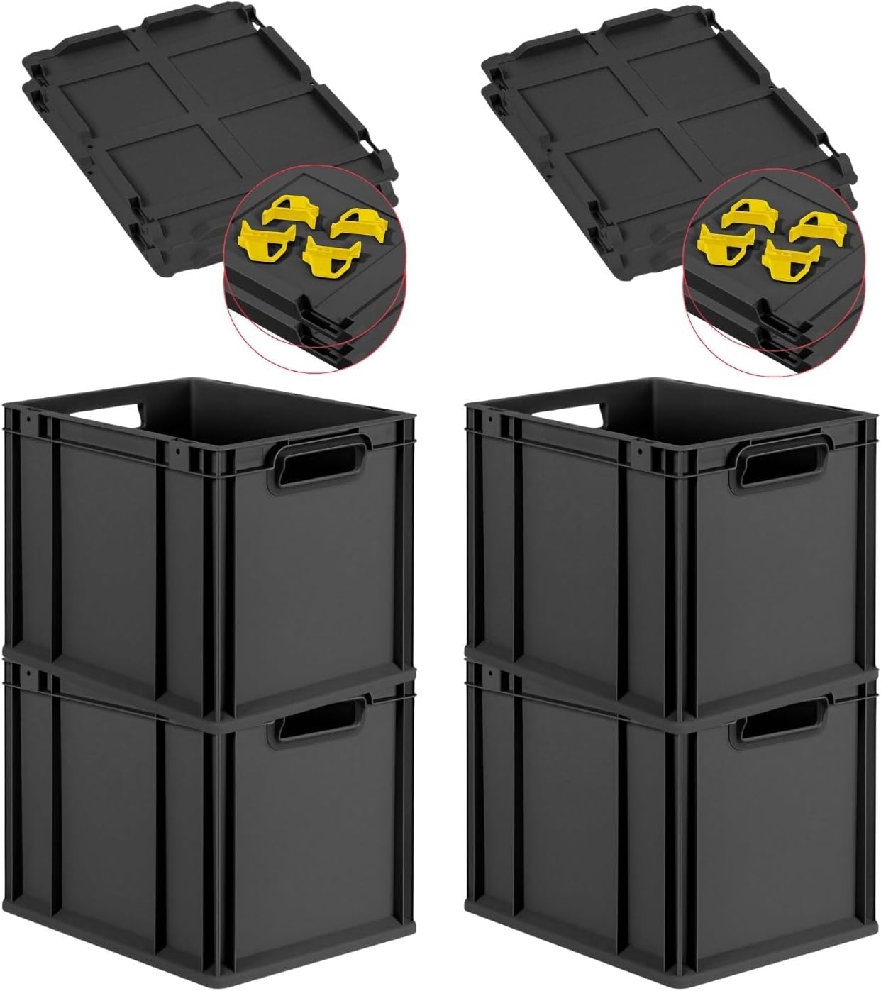 PROREGAL SuperSparSet 3 x Eurobox NextGen Grip with Lid and Yellow Clasps, H x W x D 32 x 40 x 60 cm, 65 Litres, Open Handles, Reinforced Base, Euro Container, Transport Box