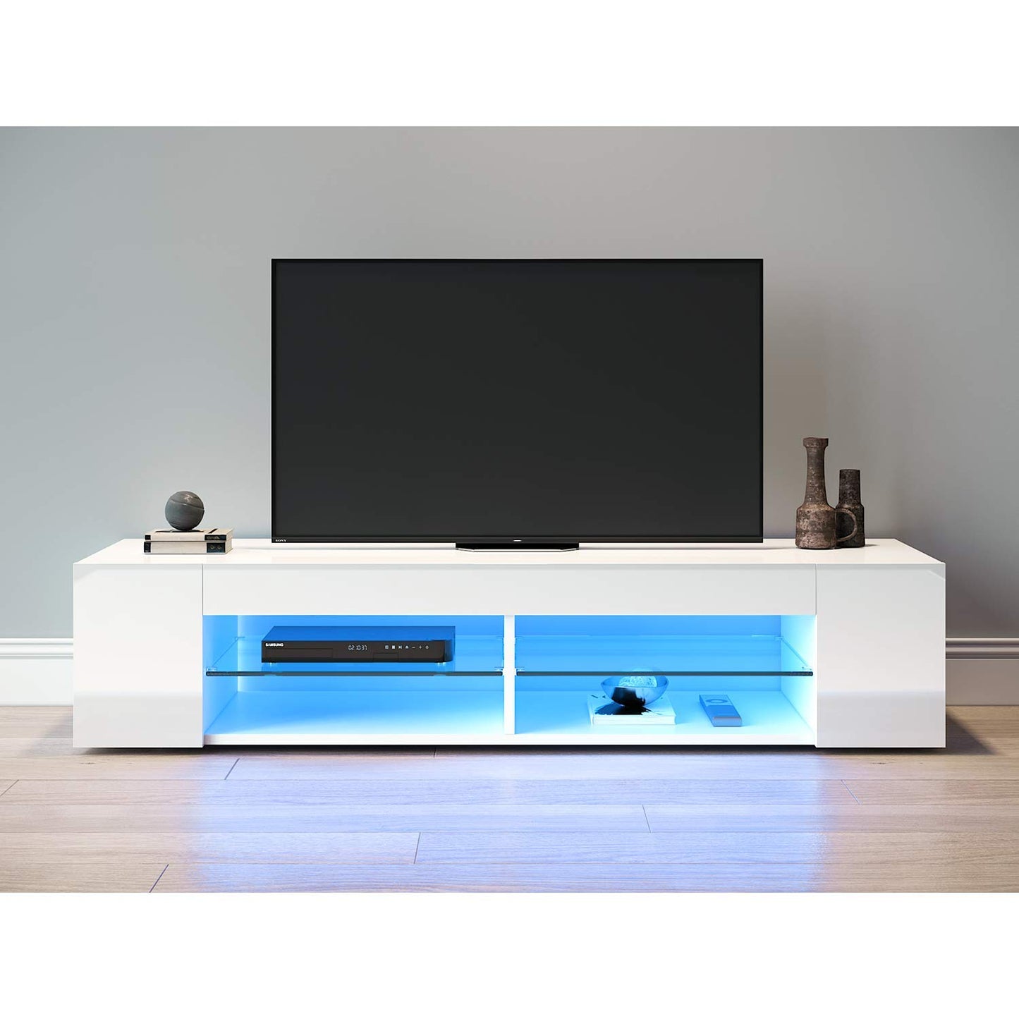 SONNI TV Board White, Handle-less Design, TV Cabinet High Gloss, TV Stand with LED Lighting, 12 Colours Can Be Adjusted, TV Shelf, Lowboard for TVs up to 65 Inches, 130 x 35 x 45 cm