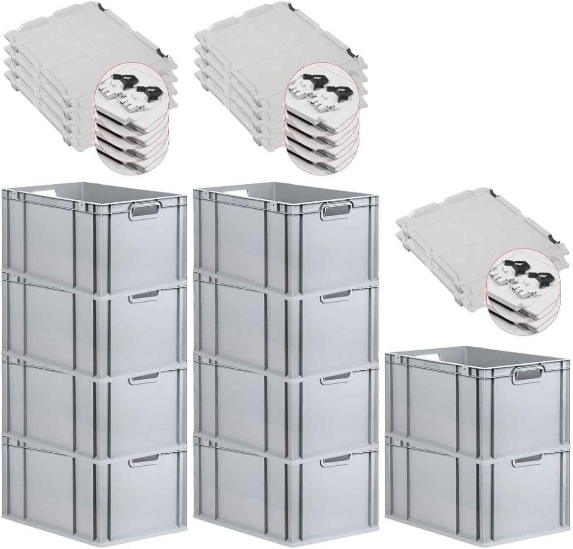 PROREGAL SuperSparSet 3 x Eurobox NextGen Grip with Lid and Yellow Clasps, H x W x D 32 x 40 x 60 cm, 65 Litres, Open Handles, Reinforced Base, Euro Container, Transport Box