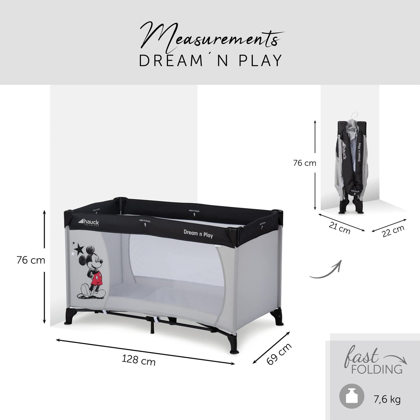 hauck Dream N Play Children's Travel Cot from Birth up to 15 kg, Small Foldable incl. Carry Bag and Folding Base, Lying Surface 120 x 60 cm (Beige)