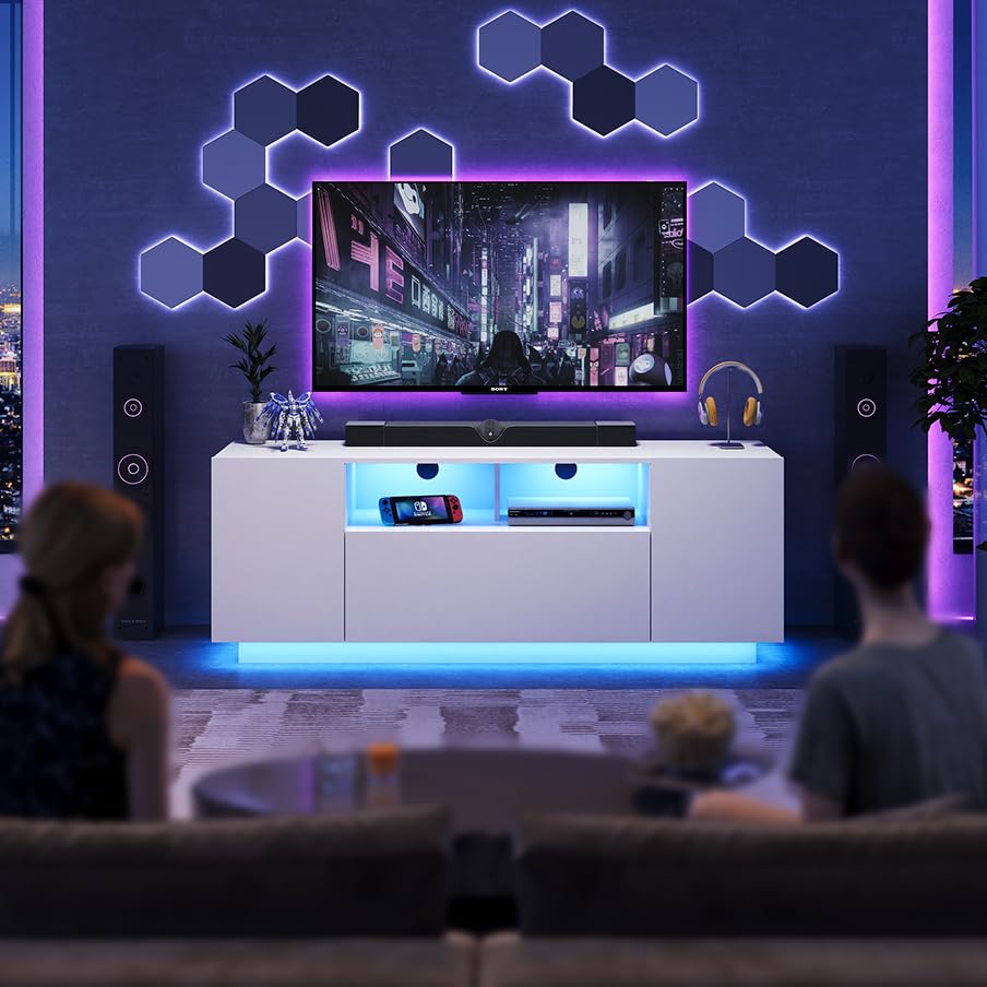 WLIVE TV Cabinet Black Lowboard High Gloss with 20 Colours LED Lighting, TV Board with Cabinets and 2 Open Surfaces, TV Table with Folding Door, 122 x 36 x 45 cm, Black