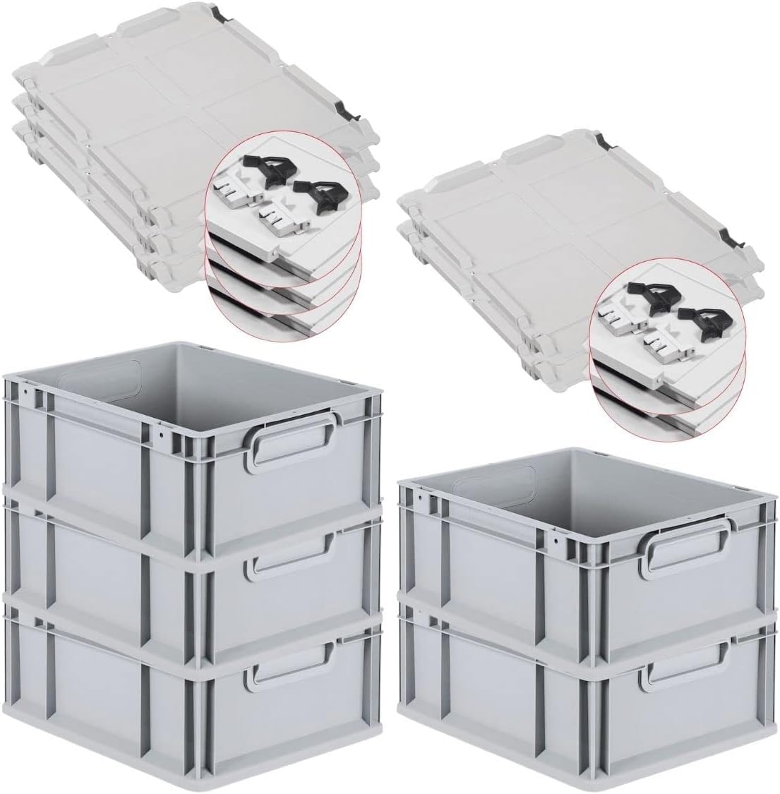 PROREGAL SuperSparSet 3 x Eurobox NextGen Grip with Lid and Yellow Clasps, H x W x D 32 x 40 x 60 cm, 65 Litres, Open Handles, Reinforced Base, Euro Container, Transport Box