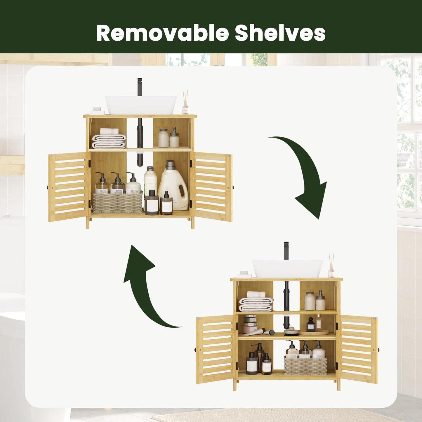 EUGAD Bamboo Vanity Unit with Slat Doors, Adjustable Shelf, 60 x 60 x 30 cm