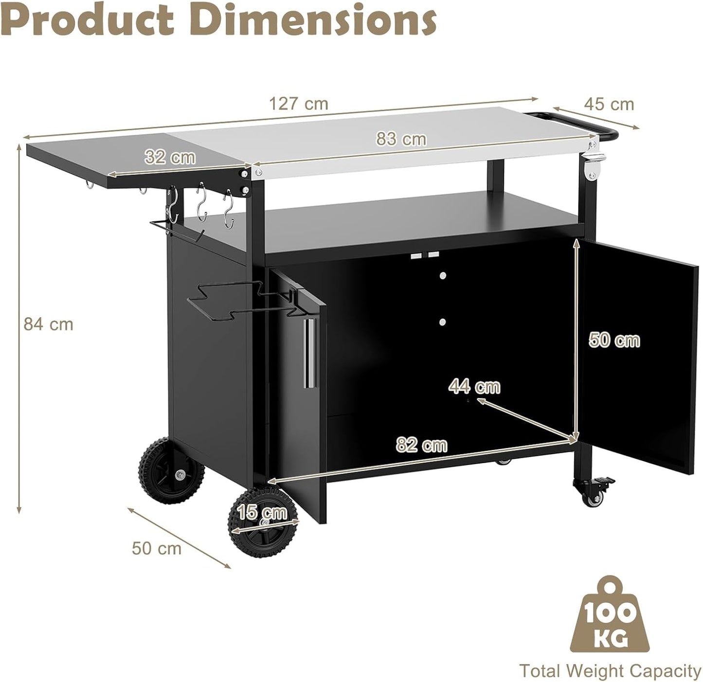 KOMFOTTEU BBQ Trolley with Stainless Steel Worktop, Serving Trolley with Folding Tabletop, Grill Table with Cabinet, 6 Hooks, Garbage Bag Holder & Handle, for Picnic, Party, 127 x 50 x 84 cm