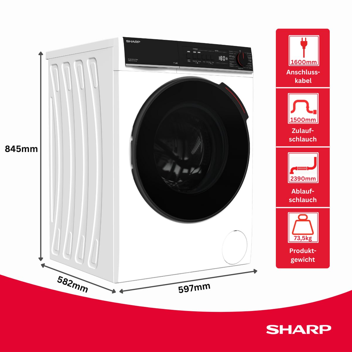 Sharp ES-WNFB214CWDA-DE Washing Machine, 12 kg, Energy Class A, 1400 rpm, Inverter Motor, AquaStop, WiFi App Control, Steam Function, Quick Wash, White