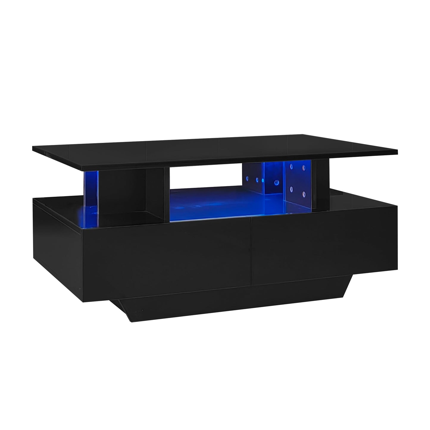 Merax Coffee Table LED High Gloss Middle Table Tea Table for Living Room Black Living Room Table with 2 Drawers and Open Compartment, Rectangular Side Table Sofa Table Coffee Table for Bedroom Office
