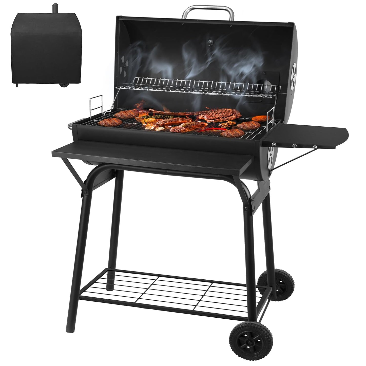 Charcoal Grill Trolley - Charcoal Grill Handle, Grill Grate and Thermometer, Charcoal Grills with Lid | Smoker Grill Charcoal Grill Large BBQ Grill Garden Grill Charcoal Charcoal