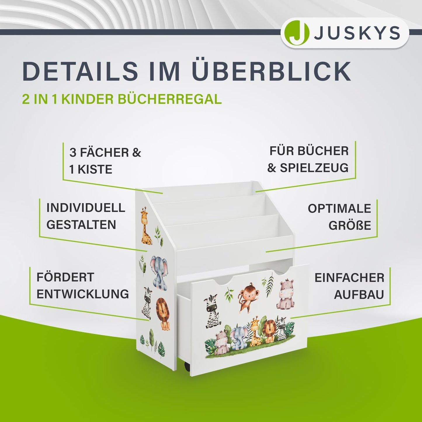 Juskys Children's Bookcase with 3 Compartments & Toy Box - Wooden Shelf 63 x 30 x 70 cm BTH - Storage of Books & Toys in the Children's Room - White