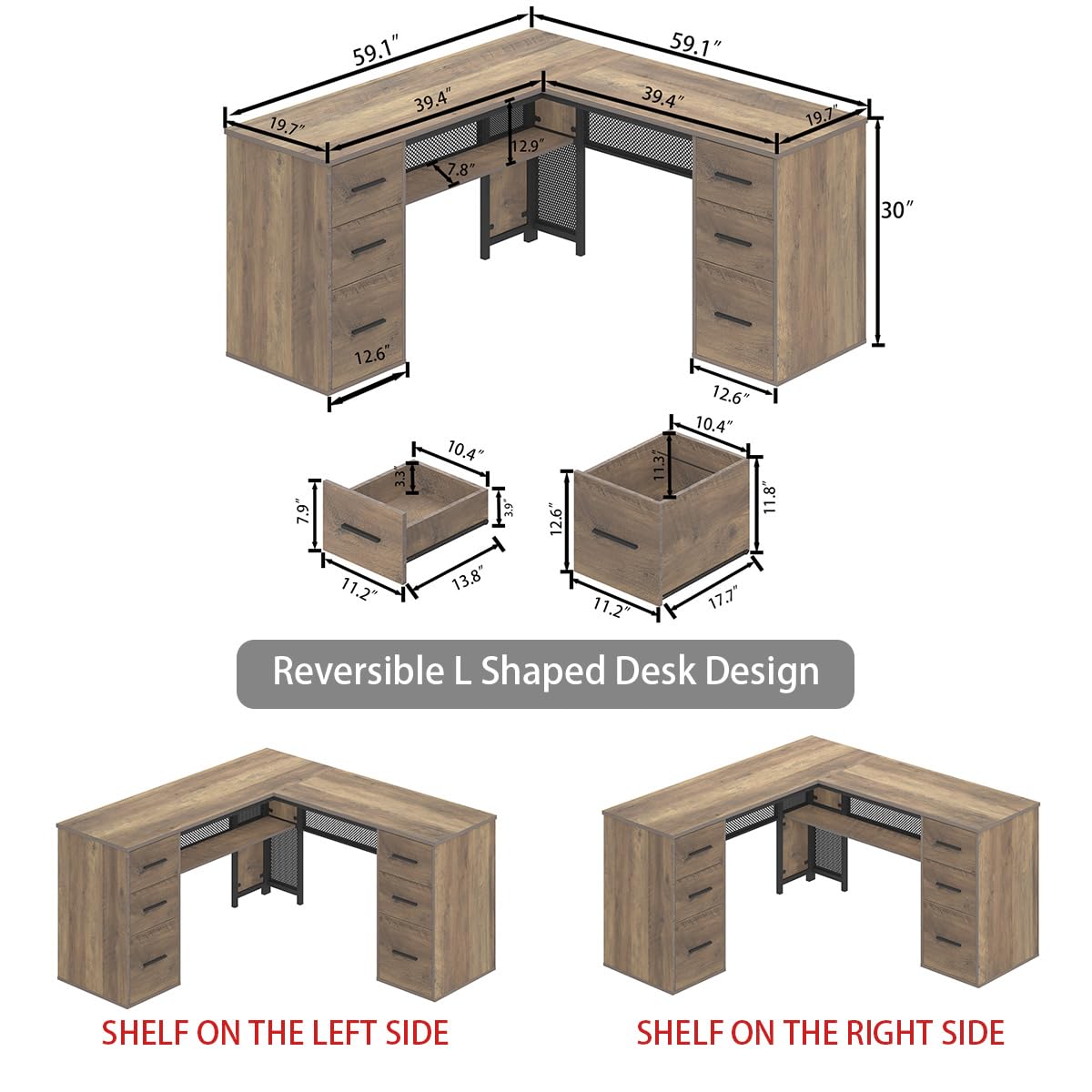 HSH L Shape Desk with Storage Space, Large Corner Desk, Computer Desk with Drawers and Shelves, Home Office, Bedroom, Metal, Wood Desks, Light Grey Oak, 150 cm