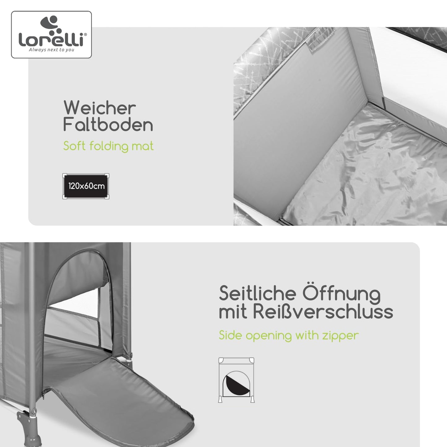 Lorelli Torino 2-in-1 Baby Bed and Playpen 2 Levels with Newborn Insert and Side Entrance, Cot from Birth to 15 kg, Baby Travel Cot, Foldable Including Transport Bag, Dark Grey