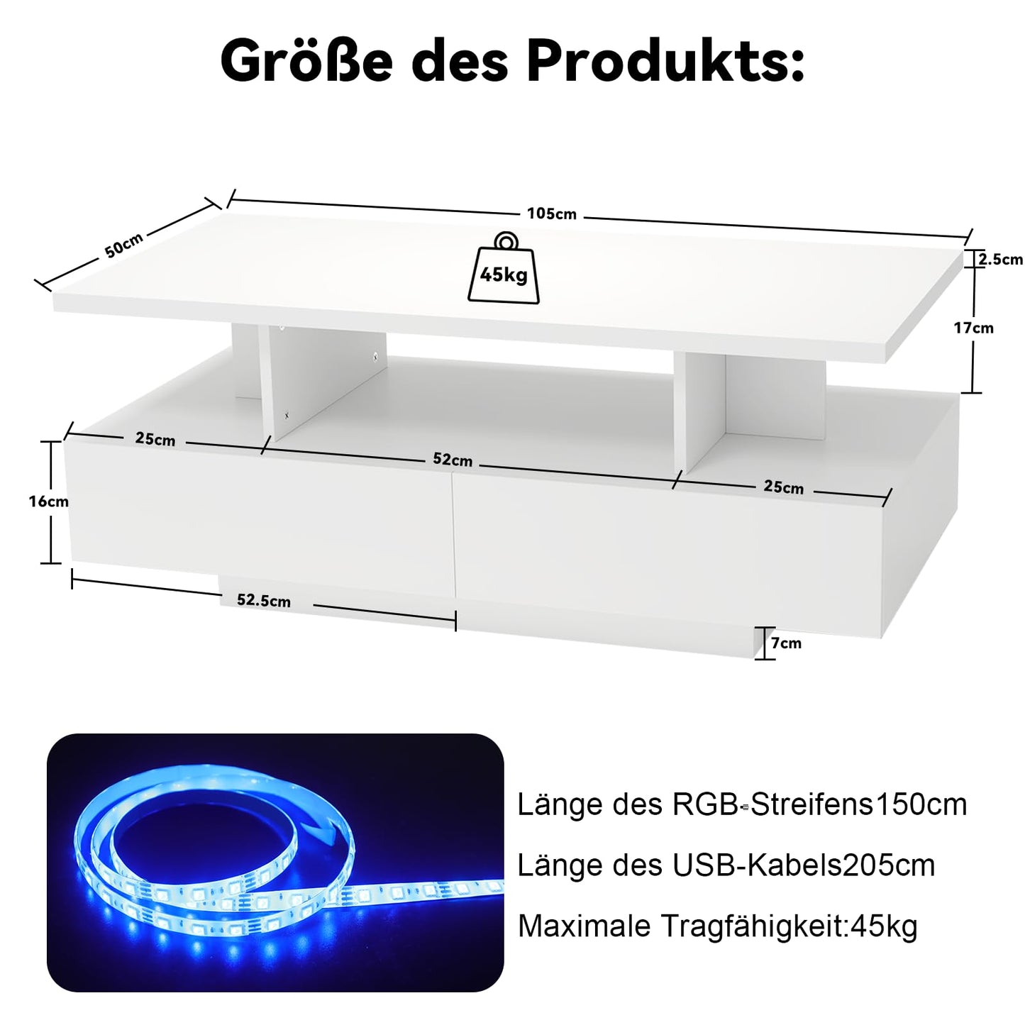 YU YUSING LED Coffee Table, Living Room Table, Coffee Table with 2 Drawers, 2 Shelves, 6000 Coloured LED Lighting, Remote Control, App Control, Side Table with Open, 105 x 50 x 39 cm, Modern White